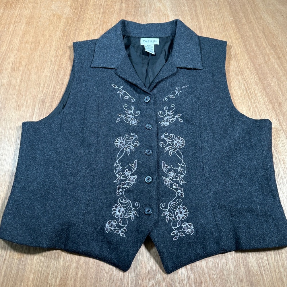 VanHeusen Vest Women Large Gray Embroidered Wool Blend Button Up Lined Floral